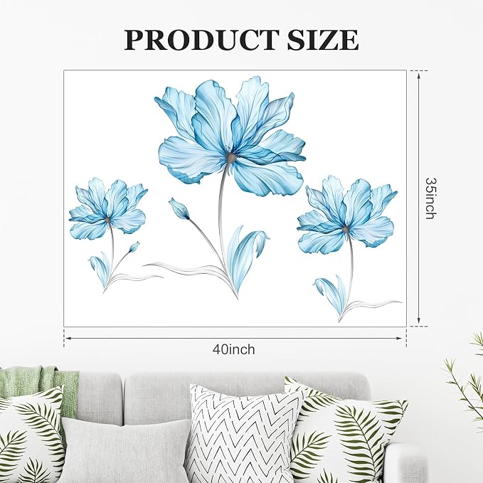 Zonon 6 Pcs Flower Wall Decals Peel and Stick Sticker, Blue Flower | Vinyl Removable Wall Stickers & Murals, Watercolor Flower Wall Decals, Blue Floral Decor for Bedroom, Living Room, Nursery - Image 7