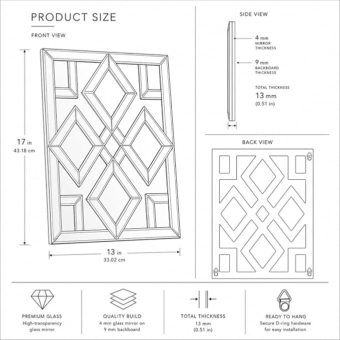 Square Decorative Wall Mirror 13 x 17 Inch, Silver Frameless Mirror Wall Decor with Beveled Edge, Modern Wall Mounted Accent Mirror for Living Room, Bedroom, Hallway, Set of 2 - Image 2