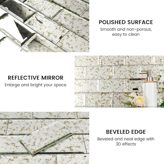 Peel and Stick Antique Mirror Glass Subway Tile 3 x 6 Inch for Copper Green Antique Mirror Tiles Kitchen Backsplash Bathroom Wall Pack of 40 Pieces - Image 5