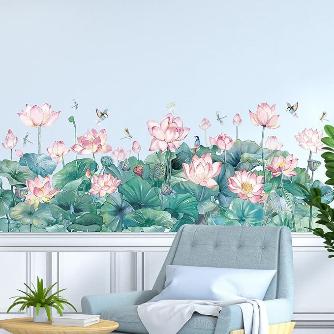 Watercolor Pink Lotus Wall Decals Chinese Style Water Lilies Wall Stickers Vinyl Removable Birds and Dragonflies Art Murals for Living Room Bedroom Office Girls Room Playroom Bathroom Wall Decoration - Image 6