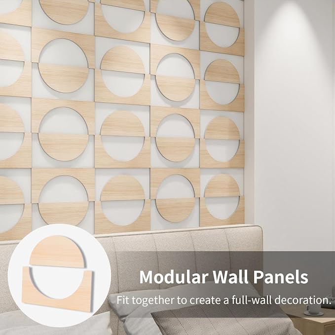 12PCS PVC Modular Decorative Fretwork Accent Wall Panels for Living Room Lobby Bedroom, Half Circle-Oak Faux Oak Wood Texture - Image 3