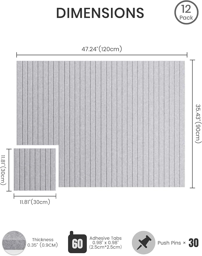 Bumusty 48"x 36" Large Felt Bulletin Board Tiles, Soft Gray | 12-Pack Cork Board Alternative, Wall Decor, 30 Pushpins, 60 Adhesive Tabs, Vision Board, Office, Classroom, Home, Dorm - Image 2