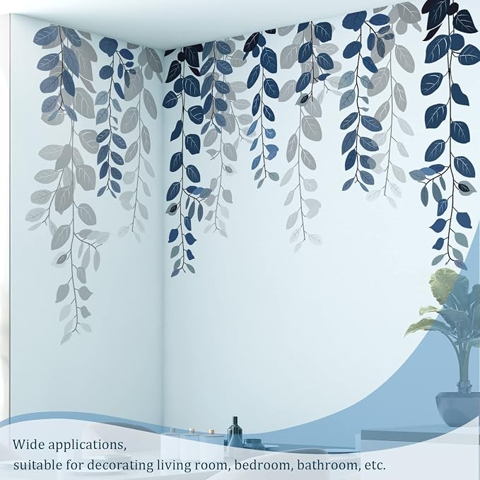 Blue Hanging String of Eucalyptus Wall Decals Peel and Stick, Large Plants Vinyl Wall Stickers, Removable Vine Home Decor Art for Bedroom Living Room Classroom Office - Image 4