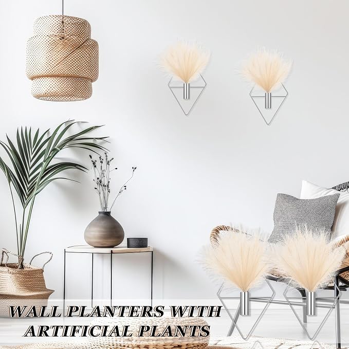 Canlierr 2 Pcs Hanging Planters Wall Decor for Indoor, Metal Vase | Artificial Plants Included Pampas Grass, Geometric Boho Wall Art, Bathroom Bedroom Living Room Decor, Metal Holders - Image 5