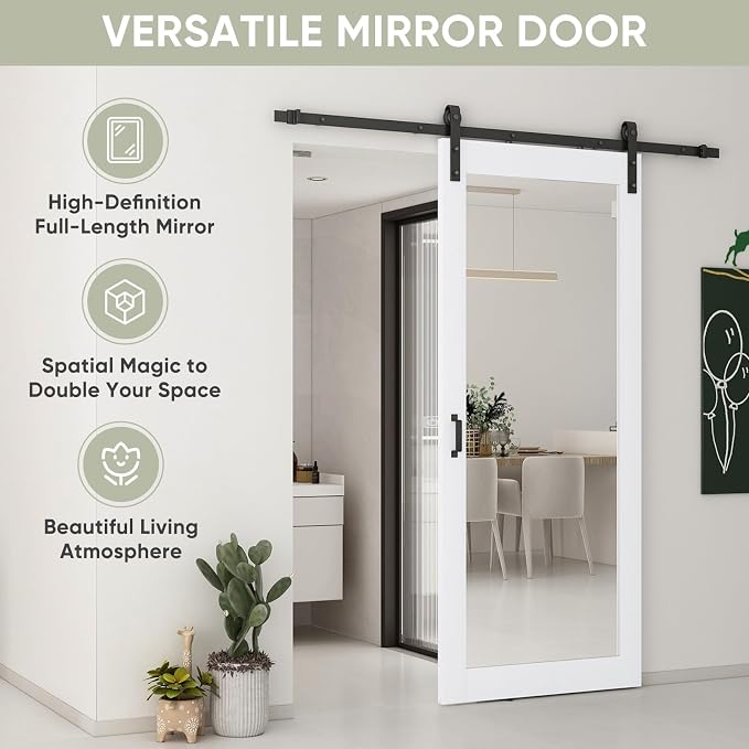 JUBEST 42x84 in Mirror Barn Door and 7FT Sliding Door Hardware Kit Included, White Full Length Mirror, Solid Wood Panel Covered with Water-Proof PVC Surface, No Assembly Required - Image 6