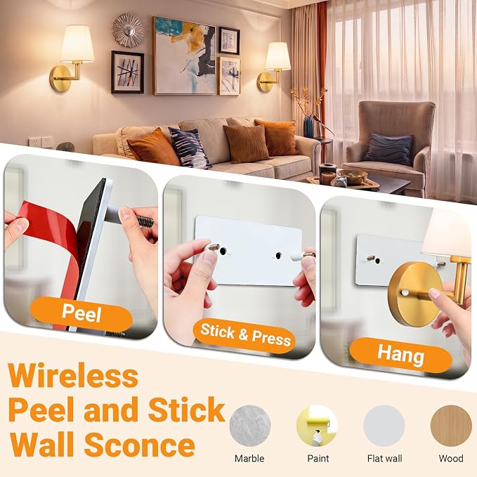 Nekhung Battery Operated Wall Sconce, Peel and Stick Sconces Set of 2 | Wireless Adhesive Stick On Wall Sconce, 10000mAh Rechargeable RGB Bulb with Remote, No Drill Wall Light for Bedroom Decor - Image 3