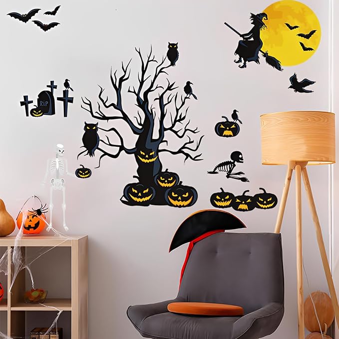 Halloween Wall Decals Large Spooky Dead Tree Pumpkin Wall Sticker Witch Flying to Moon Skeleton Bats Owl Graves Removable Vinyl Window Clings DIY Haunted House Holiday Home Party Decorations - Image 3