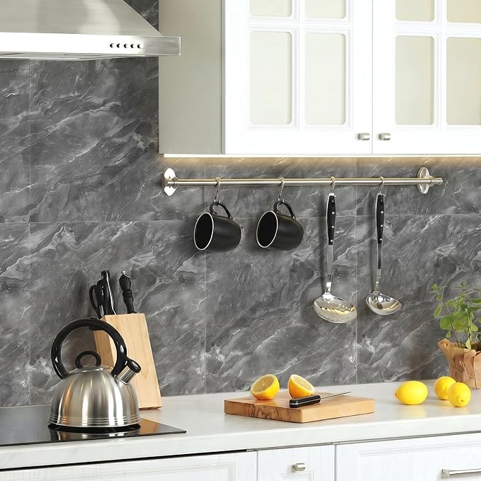 Nuanchu 36 Pcs Peel and Stick Shower Waterproof Tiles Wall Panels 12 x 12 Inch Self Adhesive Backsplash with Ruler Knife & 2 Scrapers for Washroom Bathroom Living Room, Not Real Tile (Dark Gray) - Image 6