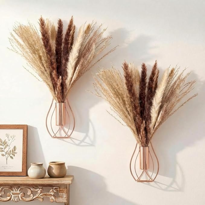 Otoolling Boho Wall Decor Set of 2 – Metal Hanging Wall Art with Faux Pampas or Eucalyptus,Minimalist Bohemian Accent for Living Room, Bedroom, Entryway(Rose Gold,Pampas) by Otoolling