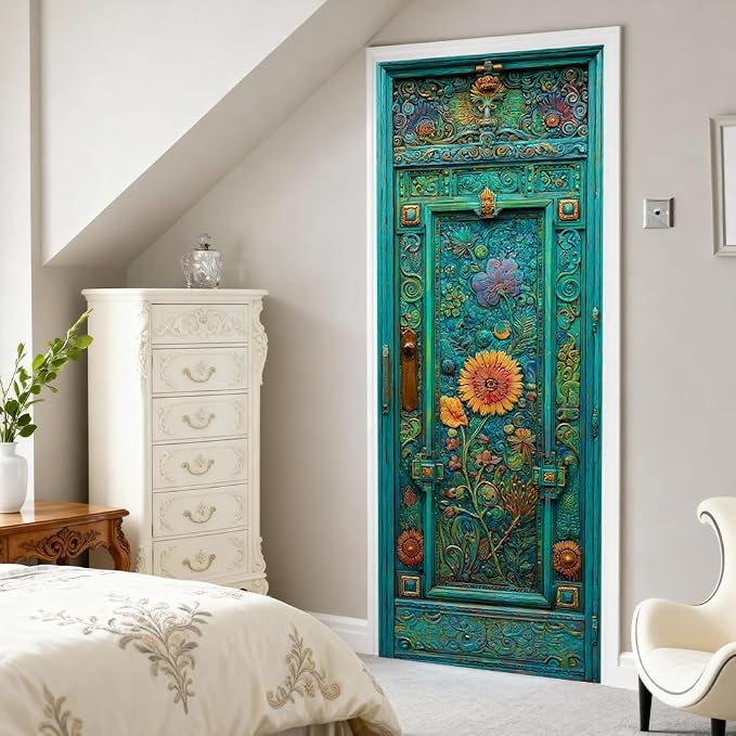 Vintage Floral Door Mural, Teal Ornate Door Decor | Waterproof PVC, 30.3" W x 78.7" L; turquoise floral design for entryway, bedroom, living room or office doors. - Image 5