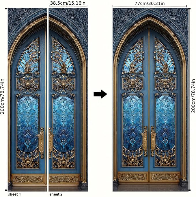 Gothic Door Mural, Blue Stained Glass Ornate Door Cover | Waterproof PVC, 30.3" W x 78.7" L; blue gothic glass design for entryway, bedroom, hallway, office or closet doors. - Image 4