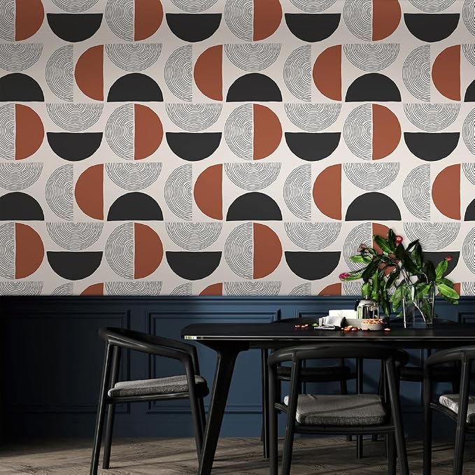 Boho Geos 01 Vinyl Wallpaper, Geometric Circles Retro Art for Renter Bedroom Apartment, Easy Peel and Stick, 17.7x118.1in, Brown/Black/Grey, Furniture Surface Recommendation - Image 6