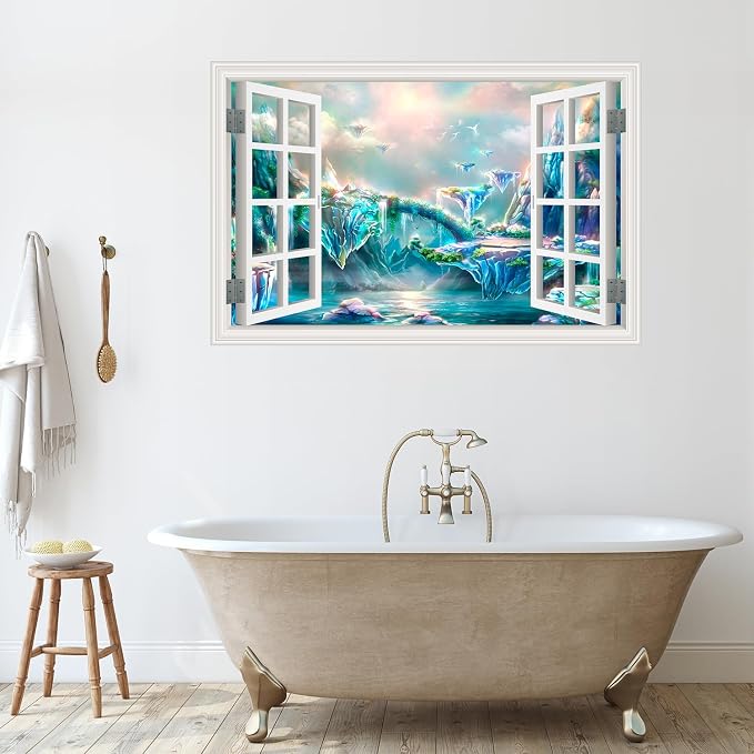 ‌Lmyhome Fake Window Wall Mural Fantastic Fairy Tale Waterfall (48"x32") | Peel and Stick Faux Window Wall Sticker Decal Poster for Bedroom Home Decor - Image 5