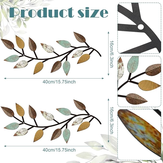 Zhengmy 2 Pcs Metal Leaf Wall Art Vine Branch Decor,Bright Colors | Olive Branch Metal Decor for Living Room Hallway, Symmetrical Leaf Pair for Doorway Entryway, Lightweight Hanging Art Design - Image 2