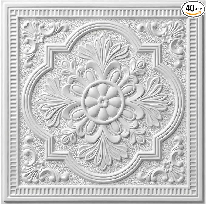 Nuanchu 40 Pcs 13.8 x 13.8 Inch Ceiling Tiles Peel and Stick, Exquisite | Foam White 3D Wall Panels 26-105.5 Sq. ft Adhesive Glue up Waterproof Wallpaper for DIY Office Home by Nuanchu