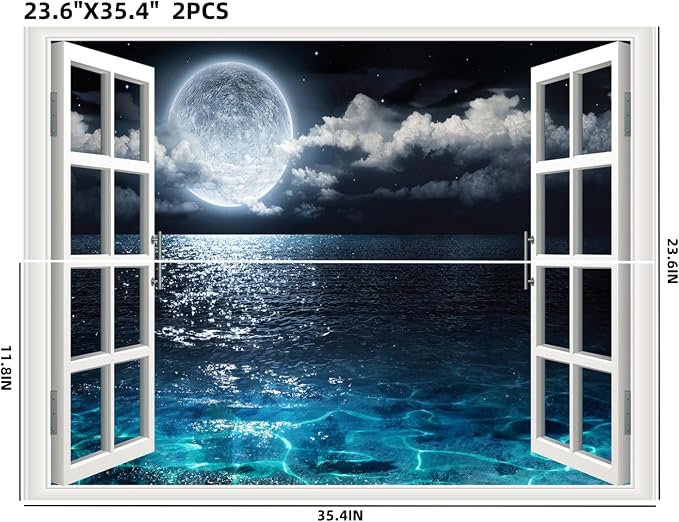 Self-Adhesive Wall Sticker Romantic Living Room Bedroom Study Office Decorative Wall Sticker Ocean Scenery Fake Window Sticker Mural (Moon Beach, 23.6"×35.4") - Image 2
