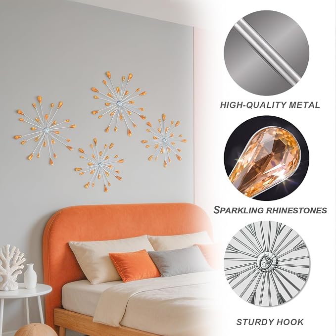 ZEXUIRU 4 Set Silver Starburst Wall Art for Home Decor Metal Bling Crystal Rhinestones Sunburst Wall Decor Sparkling Rhinestone Art Accent -Orange 13in/11.8in/9.8in/9.8in - Image 4