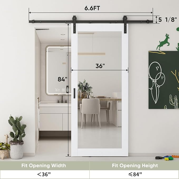 JUBEST 36x84 in Mirror Barn Door and 6.6FT Sliding Door Hardware Kit Included, White Full Length Mirror, Solid Wood Panel Covered with Water-Proof PVC Surface, No Assembly Required - Image 7