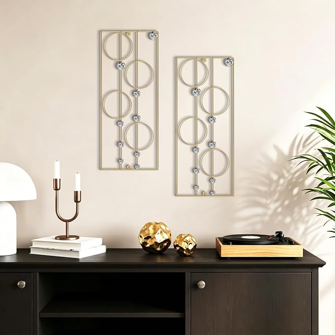 ZEXUIRU 2 Pcs. Abstract Metal Art for Wall Decor Living Room Bedroom Bathroom Office Metal Bling Modern Geometric Hanging Vertical Small Iron Sculpture Plaque Pack -Gold 24in - Image 6