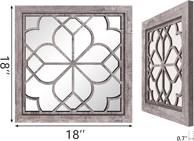 Set of 2 18 Inch Large Square Brown Window Pane Wall Mirrors, Shatterproof Rustic Farmhouse Boho Vintage Accent Mirrors for Living Room, Bedroom, Bathroom, Entryway & Home Decor - Image 2