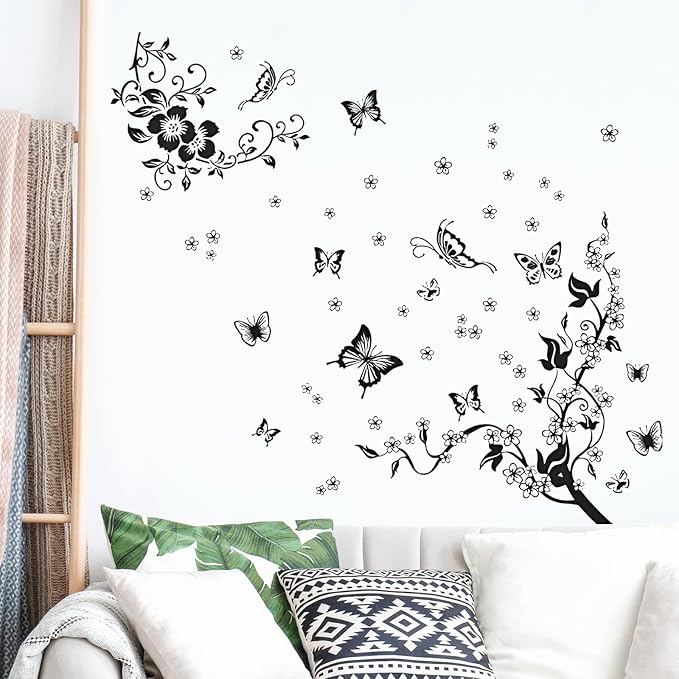 Supzone Flowers Vine Wall Decals - Black Flowers Stickers, Butterfly Decor, Removable Vinyl Art for Bedroom, Living Room, Office, Sofa Backdrop, TV, Home Decoration - Image 6