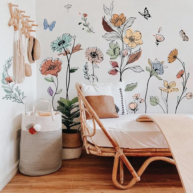 Runtoo Boho Flower Wall Decals Simple Wildflower Floral Wall Stickers for Girls Bedroom Nursery Home Decor by Runtoo