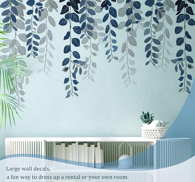 Blue Hanging String of Eucalyptus Wall Decals Peel and Stick, Large Plants Vinyl Wall Stickers, Removable Vine Home Decor Art for Bedroom Living Room Classroom Office - Image 7