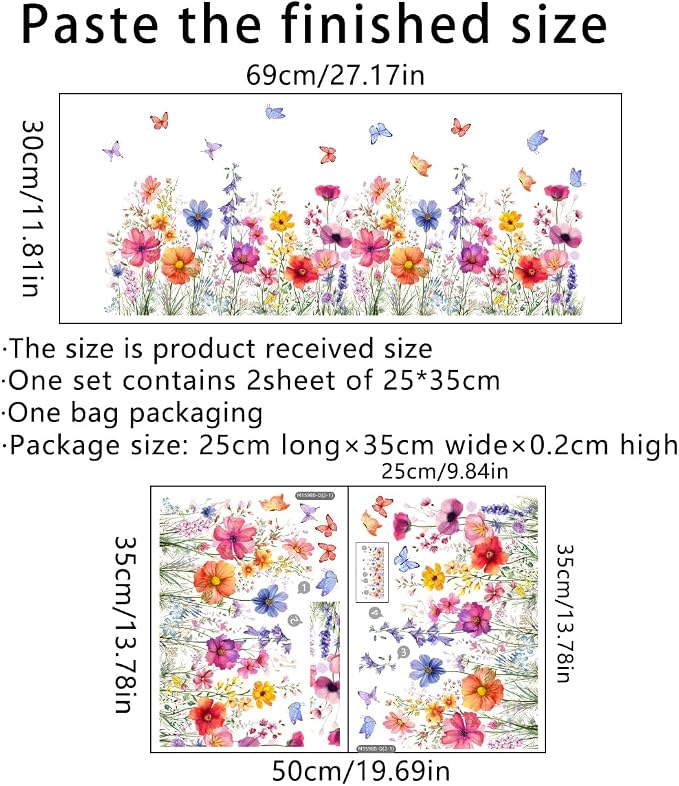 2 Pieces Flowers Wall Decals Vinyl Flowers Wall Stickers Removable Floral Murals Peel and Stick Colorful Flower Decor for Girls Bedroom Living Room Nursery (Bright) - Image 2