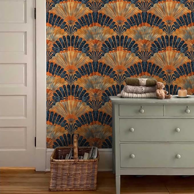 18"x236" Brown Orange Fan-Shaped Geometric Art Boho Peel and Stick Self Adhesive Wallpaper Removable Contact Paper Stick on Easy Peel Off Wall Paper for Kitchen Bedroom Bathroom Renter - Image 3