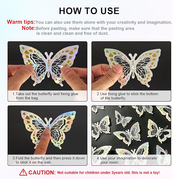Butterfly Wall Stickers - 60pcs 3D Butterflies Removable Mural Wall Decals for Indoor Home Room Bedroom Decorations (Sliver) - Image 5