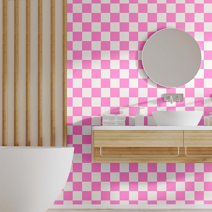 Drydiet Pink Checkered Peel and Stick Wallpaper15.75'' X 197" | Plaid Funky Checkered Contact Paper, Waterproof Contact Wallpaper, Vintage Gingham Decor for Room Bathroom Cabinet, Trendy - Image 7