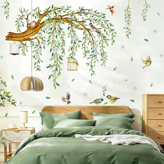 Large Tree Branch Wall Decals Hanging Green Vine Leaves Birds Nest Wall Art Stickers Spring Blossom Flower Tree Home Decor Murals for Living Room Bedroom Tv Background Decor by Prabahdak