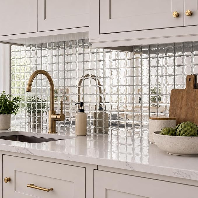 Lovdeco Peel and Stick 2" Mirror Glass Mosaic Tile 9 Faces Beveled Silver Crystal Mosaic Tile for Kitchen Backsplash, 12x10 Inch, 5 Sheets - Image 3