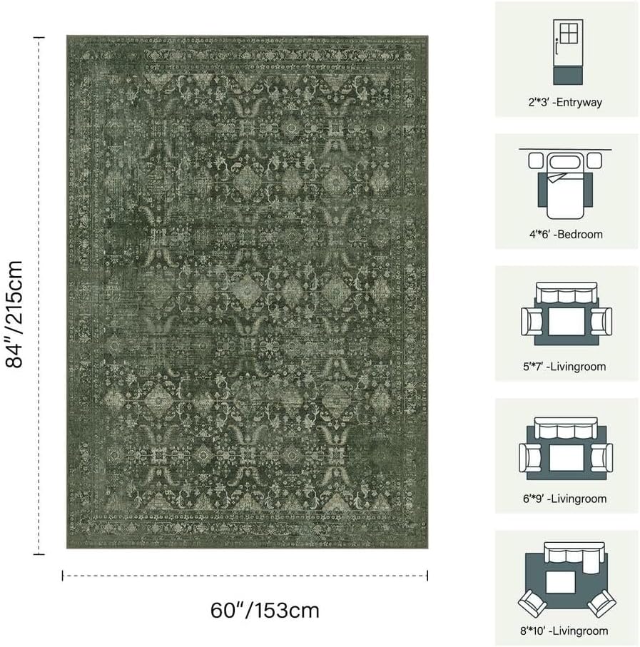 Rugxara Area Rugs 5x7 Washable Rug for Living Room Bedroom, Vintage Green - Image 2