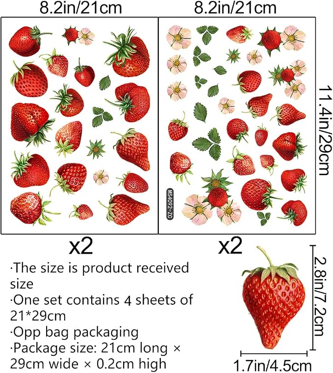 4 Sheets Removable New Strawberry Wall Decal Fresh Fruit Wall Decoration DIY Peel and Stick Wall Art Wallpaper for Bedroom Living Room Kid's Room Nursery Rental House Apartment Decoration - Image 2