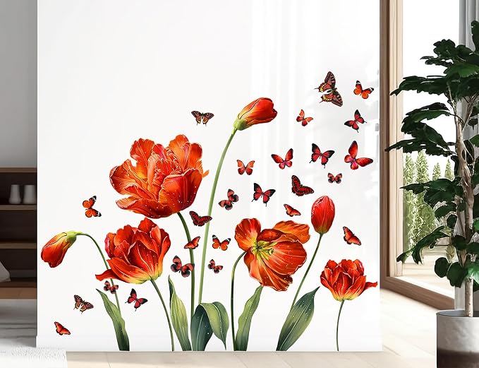 LiveGallery Large Pink Red Flowers Wall Stickers Removable Floral and Butterfly Wall Decal DIY Tulips and Green Leaf Vine Wall Decor for Kids Teens Girls Women Bedroom Nursery Living Room Decoration - Image 5