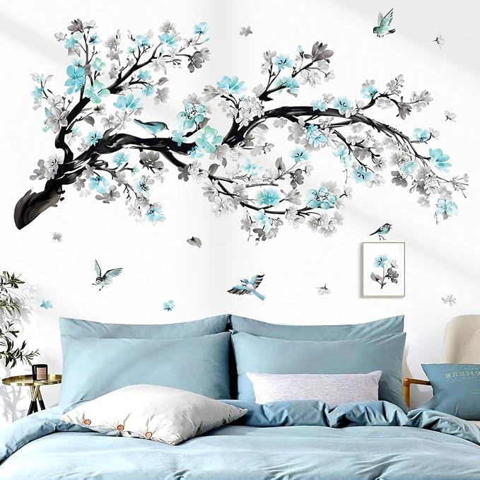 wondever Blue Flower Branch Wall Decals Blossom Tree Birds Wall Stickers | Peel and Stick, Removable, Wall Art Decals, Wall Decoration, Living Room Bedroom, Office Sofa TV Home Wall Decor by wondever