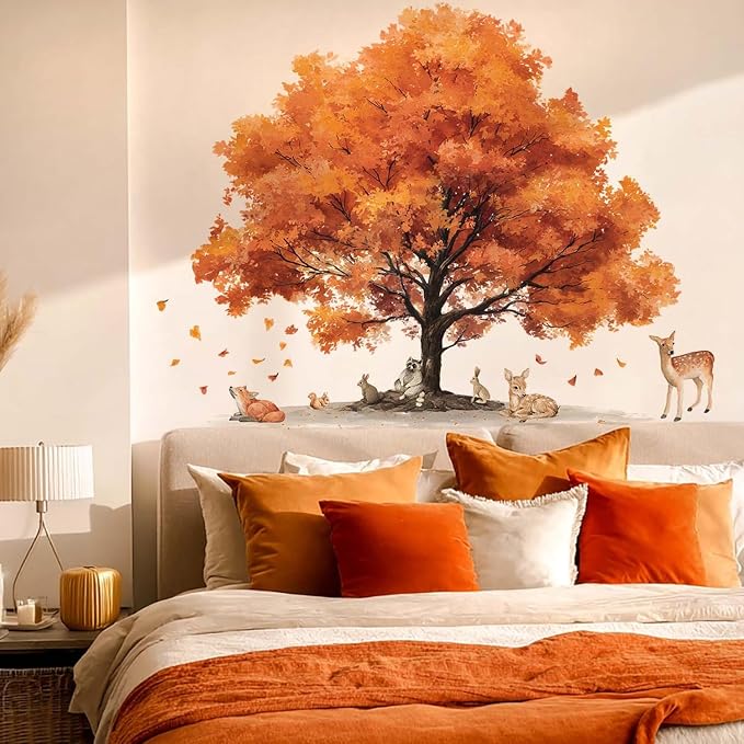 Autumn Tree Wall Decals Woodland Animal Wall Sticker Large Fall Orange Tree Vinyl Mural with Deer Fox Rabbit Squirrel Raccoon Removable Nature Wall Art for Nursery Playroom Bedroom Living Room Class by THISFIND