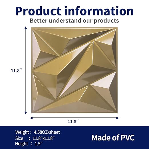 Art3dwallpanels 33 Pack 3D Wall Panel Diamond for Interior Wall Décor, PVC Textured Wall Panels, 12''x12'' Cover 32.Sq.Ft. Golden - Image 6