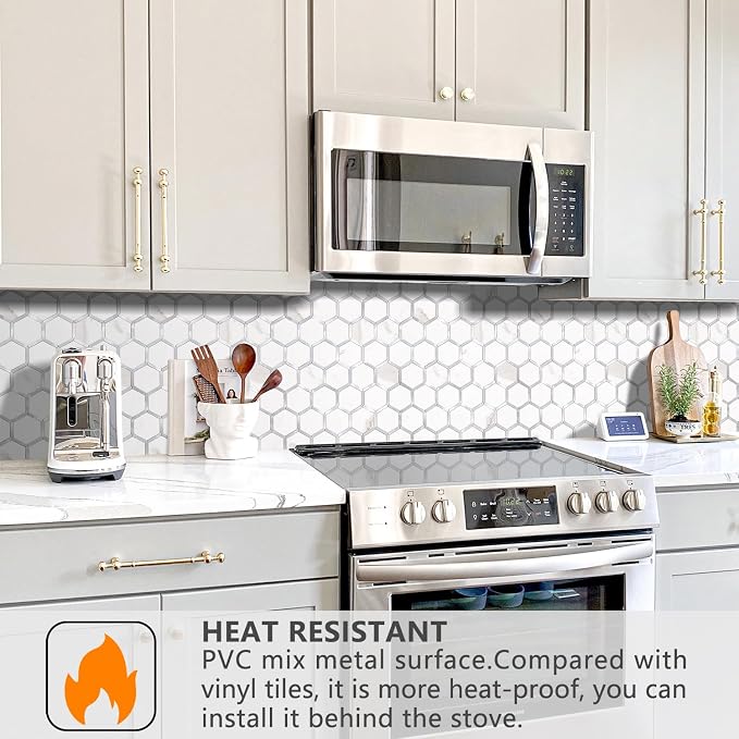 STICKGOO Hexagon Peel and Stick Backsplash Tile, Stick on Backsplash for Kitchen and Bathroom, White Marble Look PVC Mixed Metal Silver Self Adhesive Wall Tiles(10 Sheets, Seamless) - Image 3