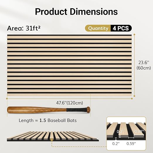 TONOR Wood Wall Panels for Interior Wall Decor-4 Pack 47.2" x 23.6" | Wood Slat Acoustic Panels-31ft² for Noise Cancelling and Wall Décor Living Room, Home Decor, Office, Oak - Image 4