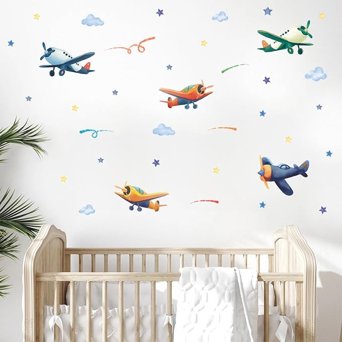 LHIUEM Airplanes Wall Decals Plane Wall Stickers for Boys Room 43PCS Watercolor Airplane Kids Party Favor Gifts Airplane Kit Wallpaper Peel and Stick Decal Cartoon Glider Planes for Nursery Playroom - Image 3