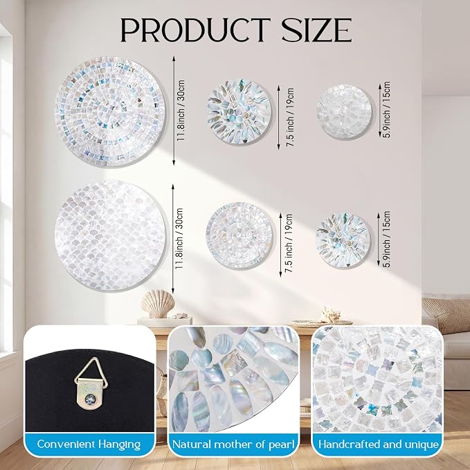 Novabright 6 Pcs Shell Wall Decor 11.8 Inches Natural Mother of Pearl Shell Plate Coastal Wall Art Mosaic Sculpture Handmade Hanging Plates Arts for Bedroom Bathroom Home Office Hotel - Image 3