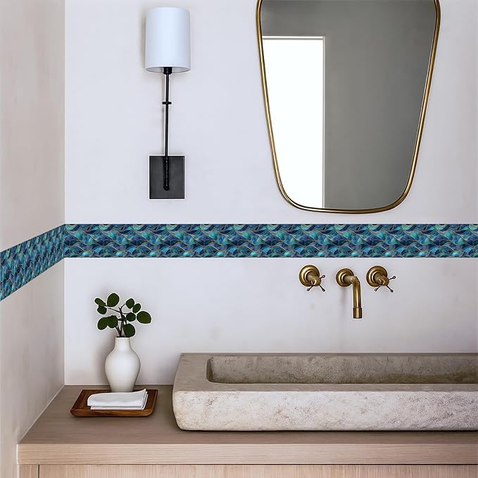 Blue Geometric Mosaic Wallpaper Border 196x4 Inch Peel and Stick Wall Border Removable Vinyl Wall Trim Modern Pattern for Kitchen Bathroom Laundry Room Home Decor - Image 3