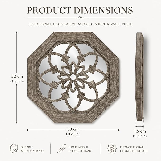 2 Pack 12 Inch Octagon Brown Rustic Wood Frame Acrylic Wall Mirrors, Farmhouse Boho Wall Art Decor for Living Room, Bedroom, Hallway, Entryway, Bathroom & Office - Image 3