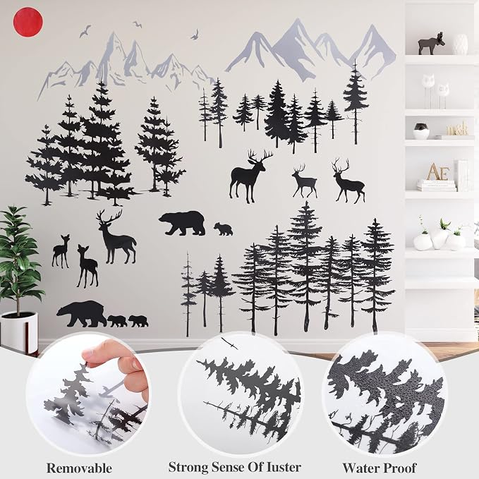 Outus 3 Sheets Mountain Forest Bear Wall Decals Stickers Pine Tree Wall Decals Trees Wall Stickers Deer Forest Decals for Kids Nursery Bedroom Living Room Decor,11.8 x 35.4 Inches - Image 5