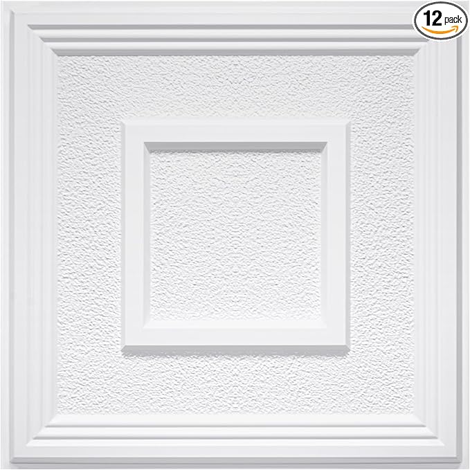 STICKGOO Glue-Up Ceiling Tiles, Popcorn Textured White, 24 x 24 in, 12 Pack | 2 x 2ft Drop ceiling panels, PVC decorative ceiling tiles, covers 48 sq ft, waterproof, lightweight by STICKGOO