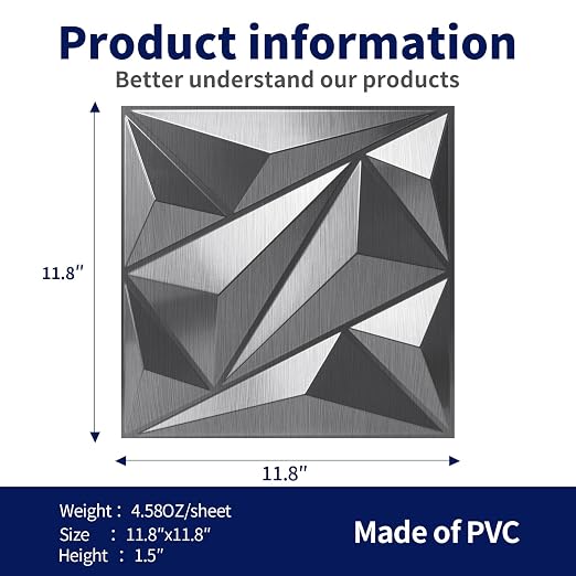 Art3dwallpanels 33 Pack 3D Wall Panel Diamond for Interior Wall Décor, PVC Textured Wall Panels, 12''x12'' Cover 32.Sq.Ft. Silver - Image 6