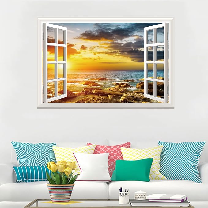 Fake Window Wall Sticker- Sunset Beach Seascape Open Wall Art Decal | Faux Window Ocean Natural Landscape Mural｜Stick and Peel Wall Decals｜Room Bedroom Office Scene Decor｜48"x32",Set of 2 Sheets - Image 2