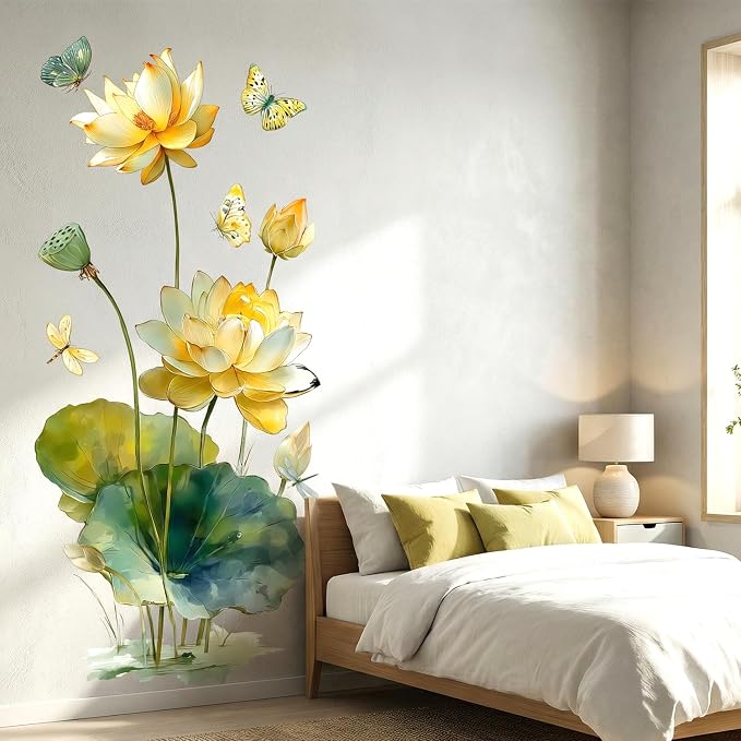 Watercolor Floral Flower Lotus Butterfly Peel and Stick Wall Decals Decor | Yellow water lily green leaves removable vinyl sticker mural, elegant oriental zen art for living room bedroom yoga bathroom - Image 3